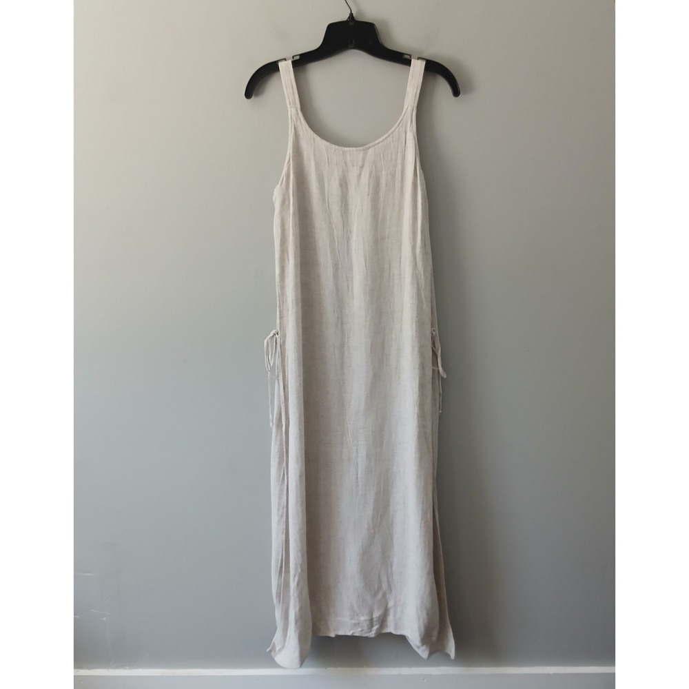 Luna Luz Women's Size Medium Beige Double Slit Maxi Midi Dress Tie Waist Woven - Picture 9 of 14
